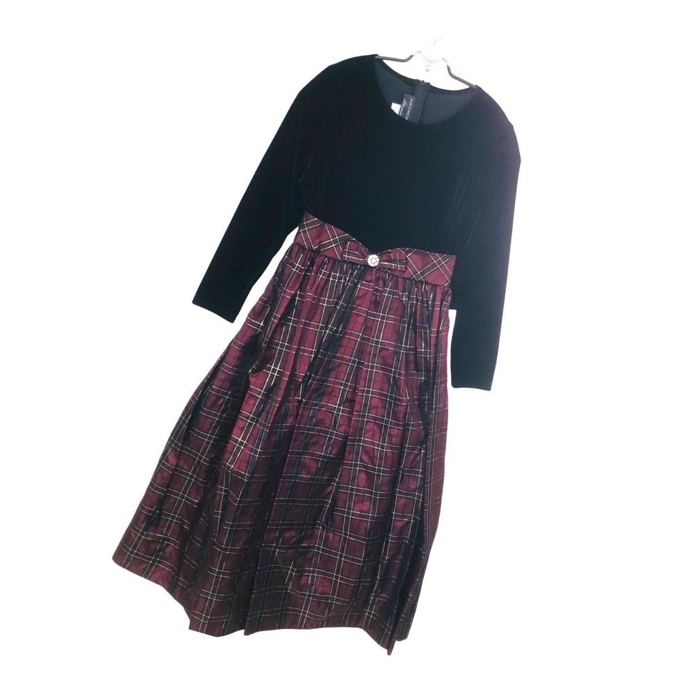 NWT Jessica McClintock Y2K Velvet Plaid Taffeta Dress Black Burgundy USA Girl 12
